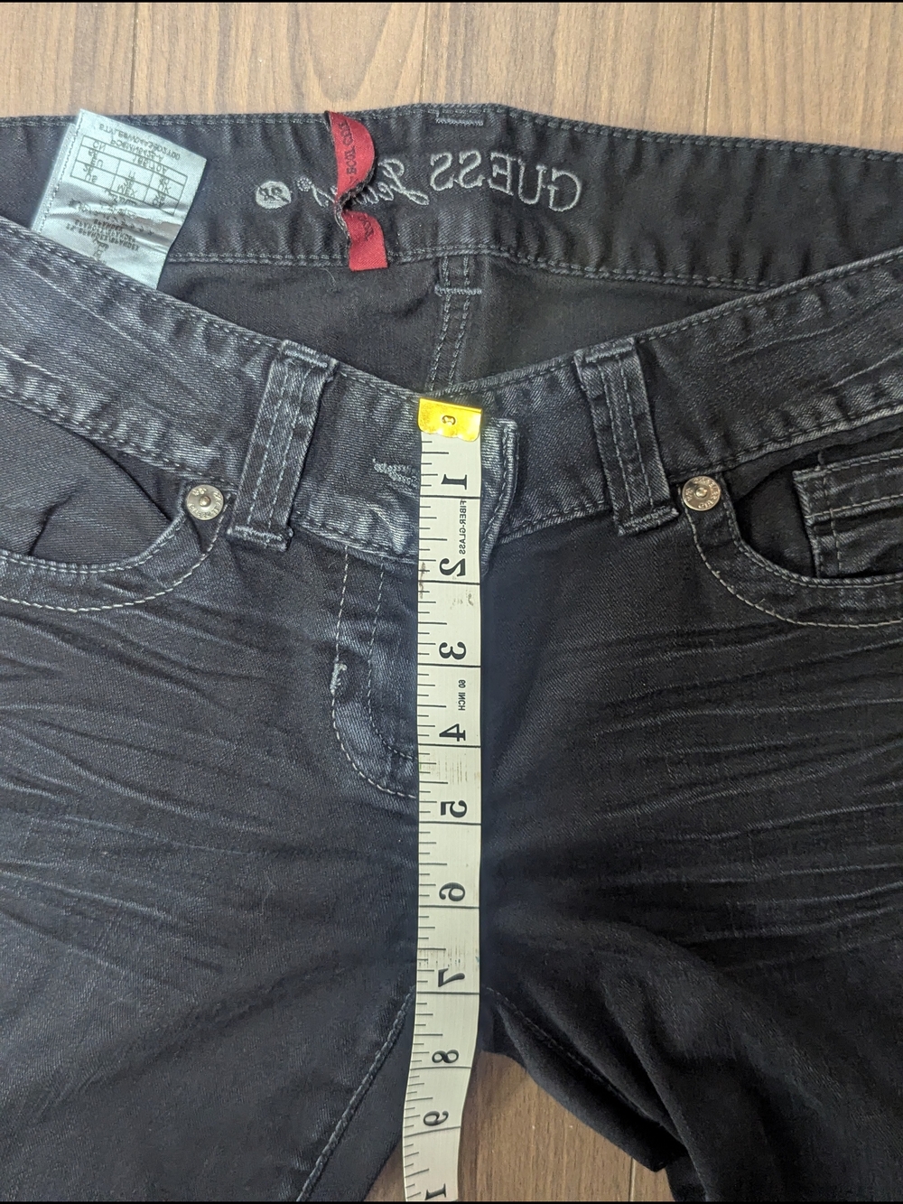 Y2K GUESS Daredevil Boot Cut Jeans – Charcoal Black Rhinestone Pocket – Size 28 - Picture 12 of 15